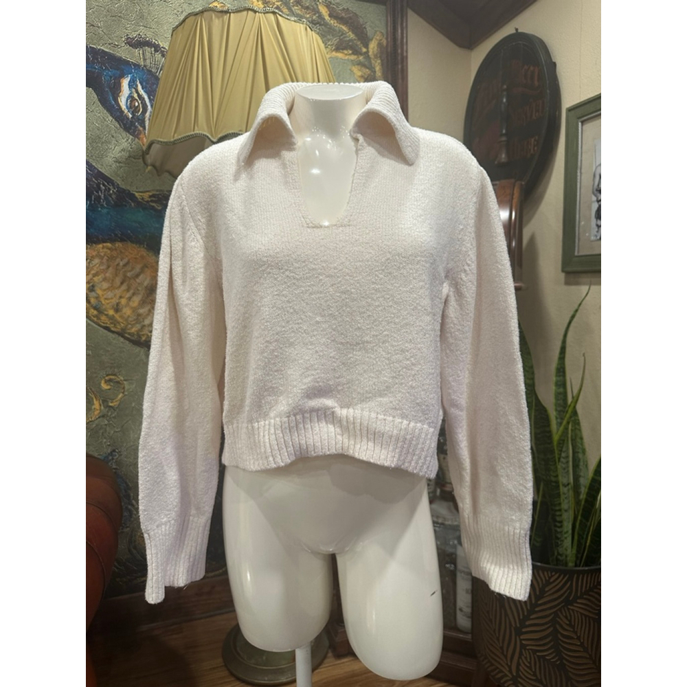 Industry Cream Bouclé Knit Polo Sweater White XL Cotton Blend - Picture 2 of 8